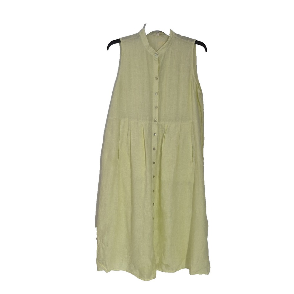 Eileen Fisher Dress Women L Yellow 100% Organic Linen Button Down Sleeveless NEW